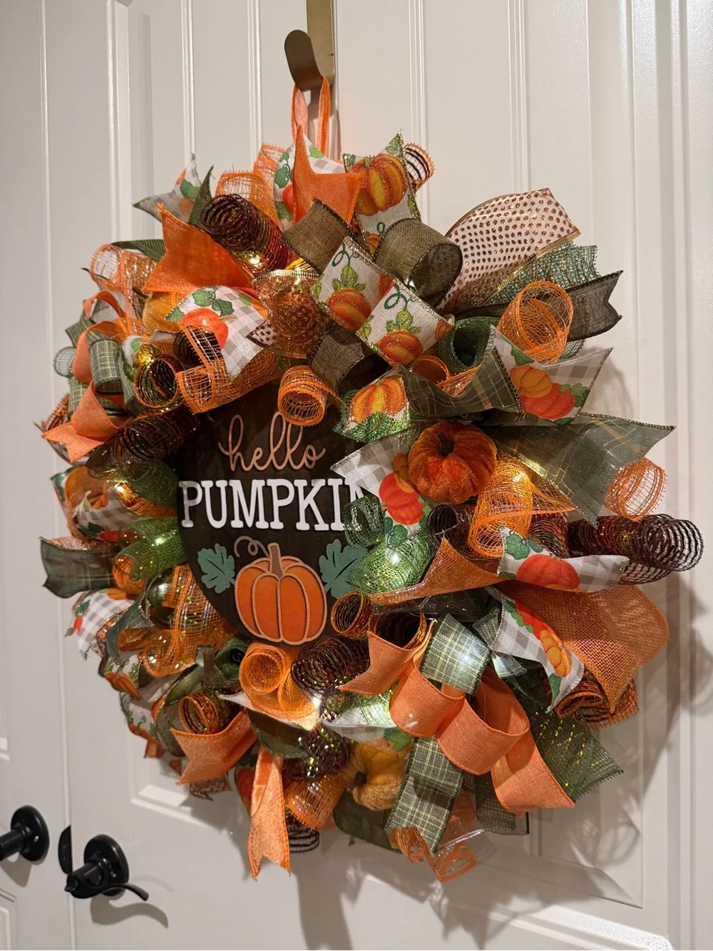 Handmade Hello Pumpkin Ribbon Welcome Door Wreath Fall Leaf 22 in LED W24